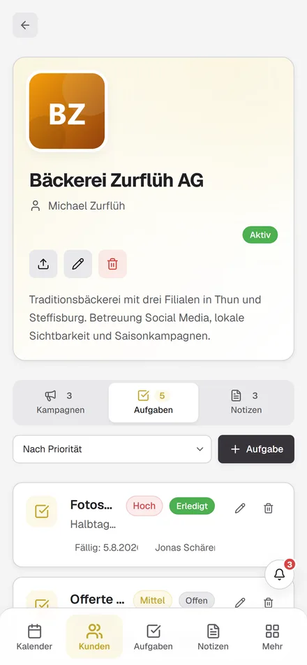 Kundendetailansicht mit Aufgaben