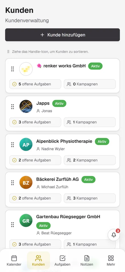 Kundenübersicht auf dem Handy