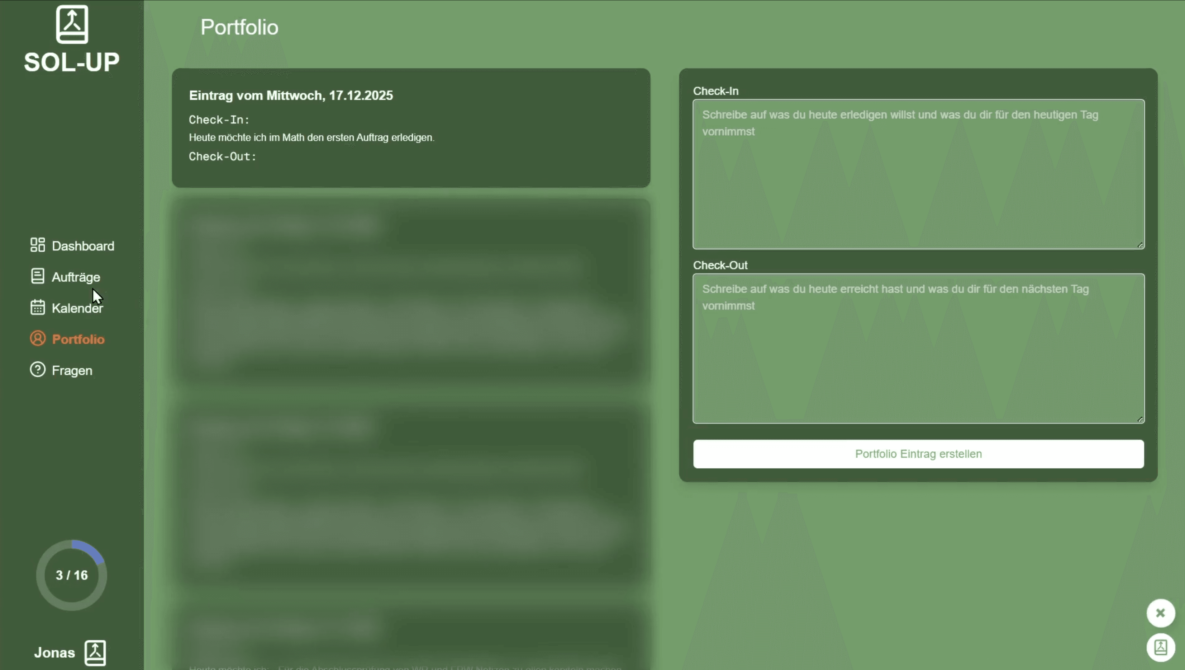 Portfolio-Seite mit Eintragsformular