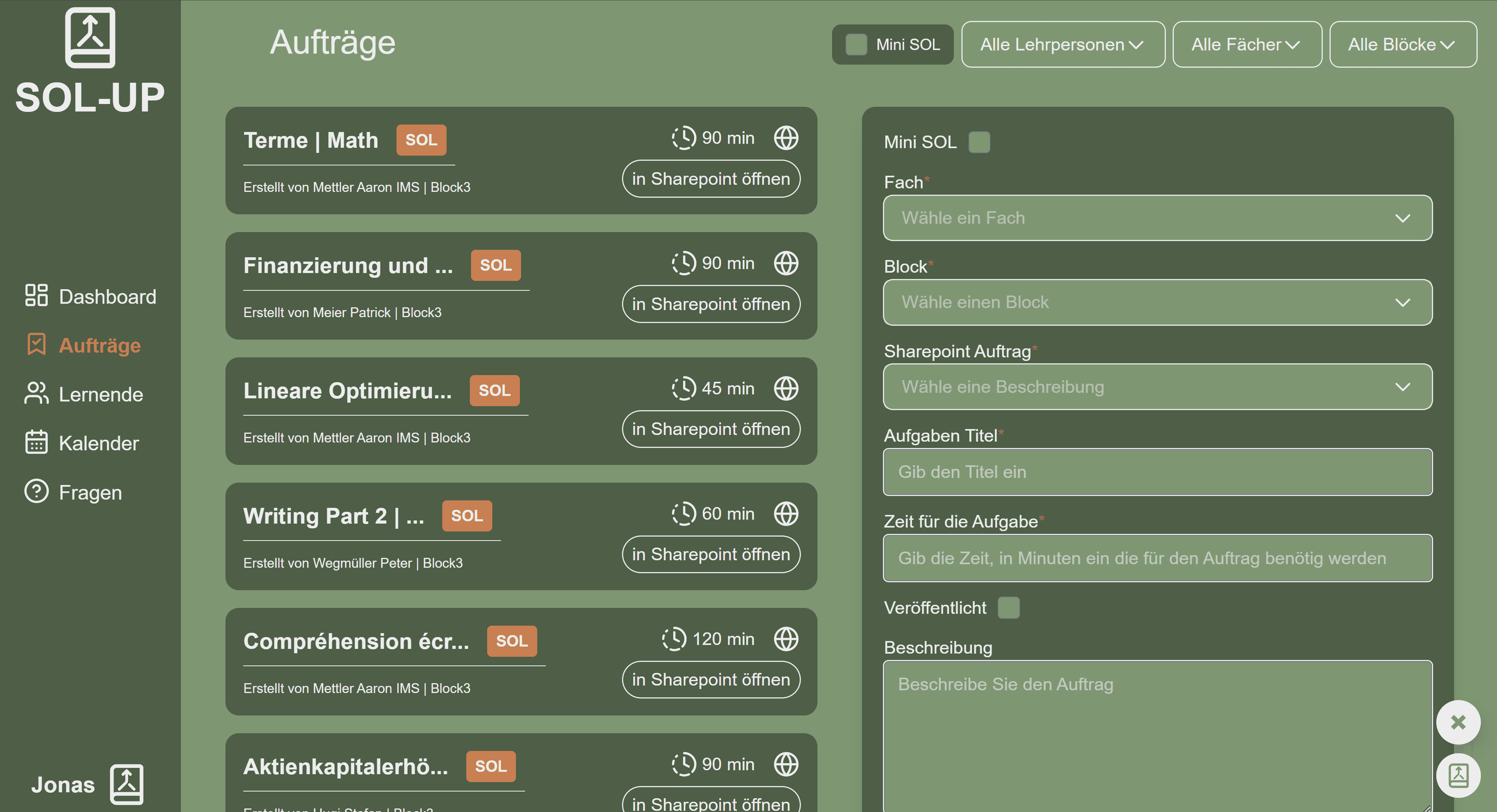 Teacher Aufträge / Formular