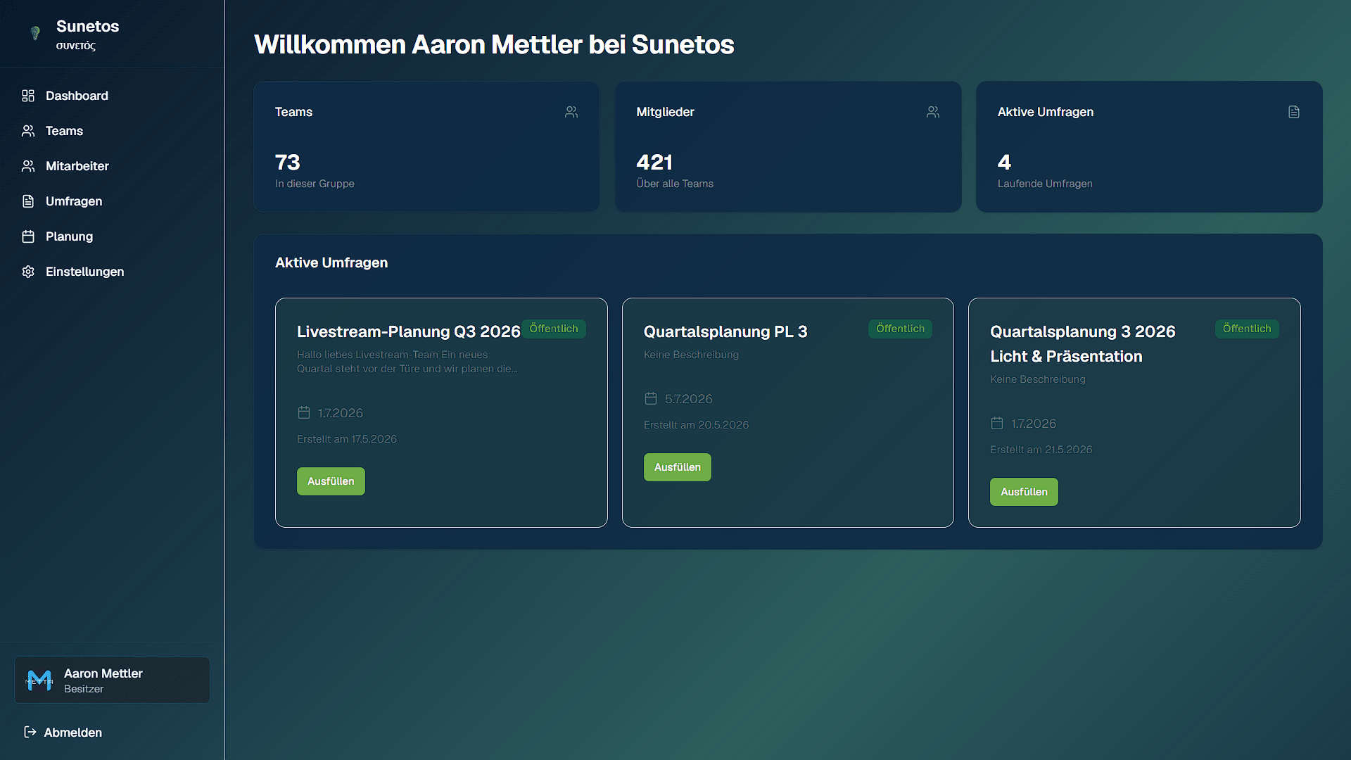 Sunetos Dashboard