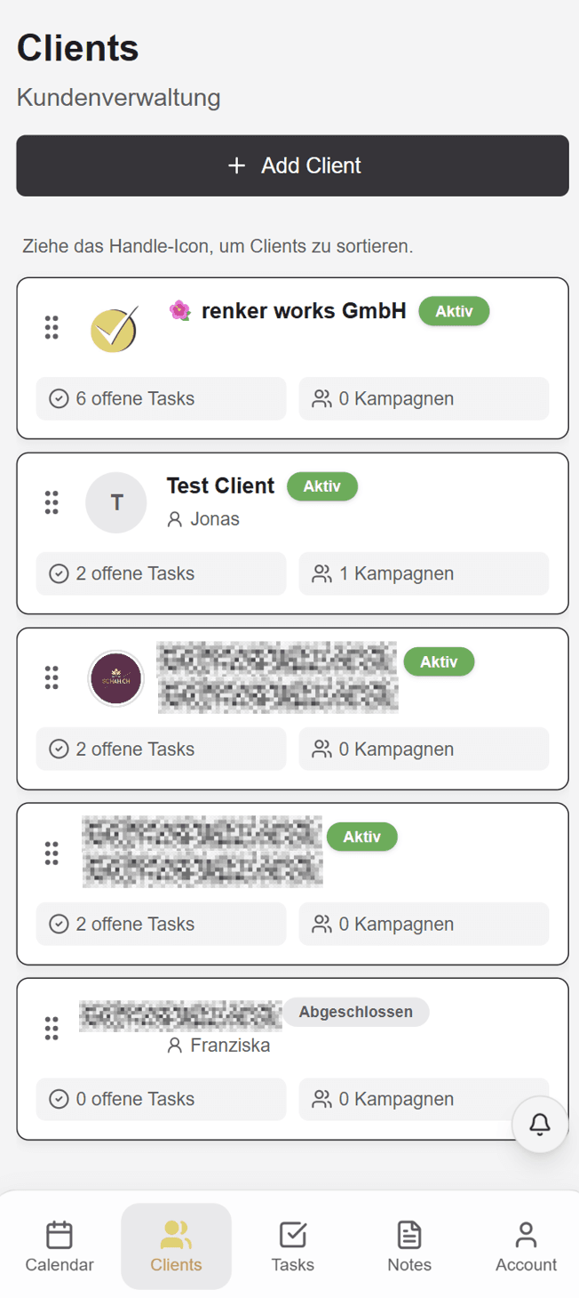 Clients Übersicht – Mobile